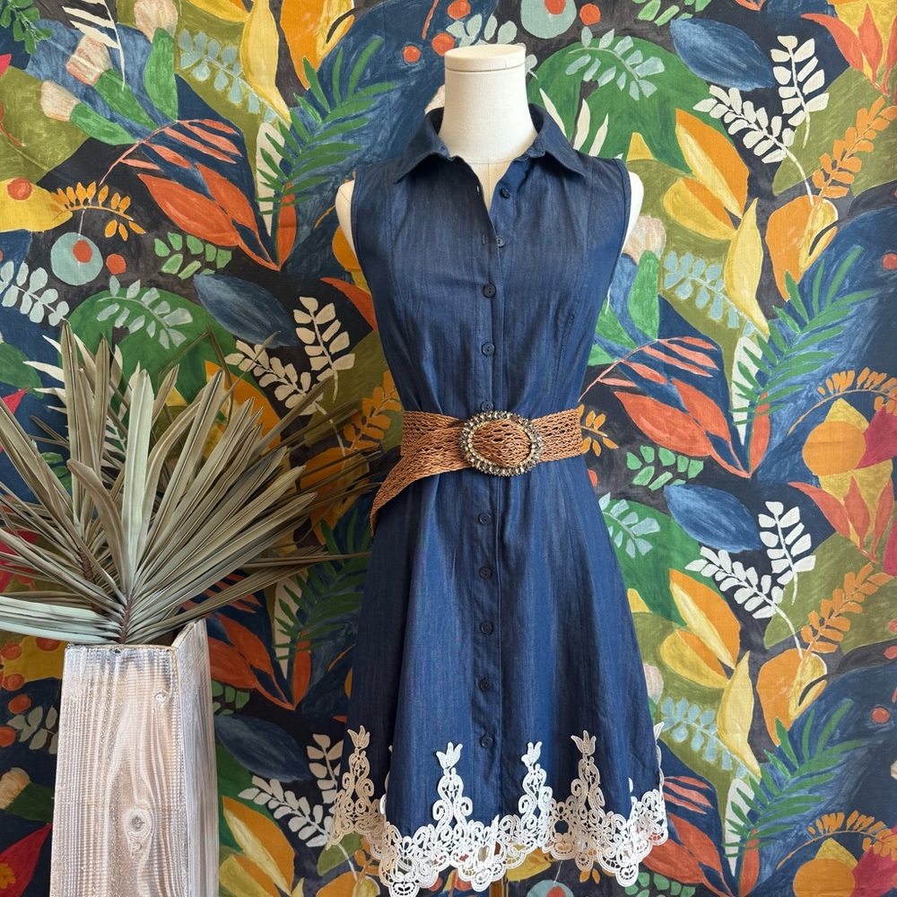 AB Studio Blue Midi Dress with White Lace Hem